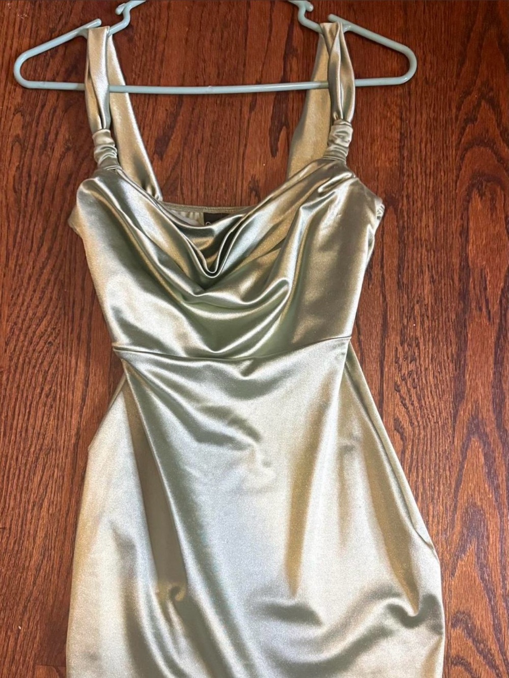 Windsor Metallic Sage Green Cowl Neck Mini Dress